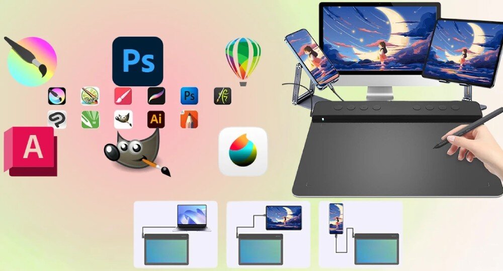 Obraz przedstawia tablet graficzny z rysikiem, obok którego znajdują się ikony różnych programów graficznych, takich jak Photoshop, GIMP i Illustrator. W tle widać dwa monitory z wyświetlonym obrazem księżyca nad krajobrazem oraz schematy podłączenia tabletu do laptopa i monitora.