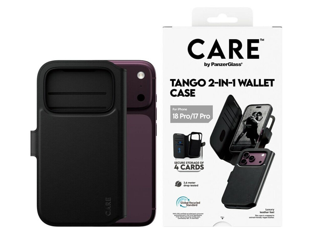 Na obrazie widoczne jest czarne etui na telefon oraz opakowanie z napisem \'CARE by PanzerGlass TANGO 2-IN-1 WALLET CASE for iPhone 18 Pro/17 Pro\'. Etui posiada miejsce na karty i jest przystosowane do MagSafe.