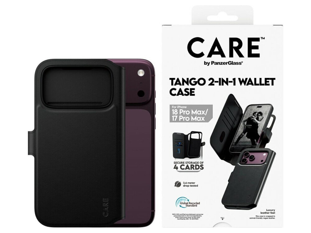 Na obrazie widoczne jest czarne etui na telefon oraz opakowanie z napisem \'CARE by PanzerGlass TANGO 2-IN-1 WALLET CASE\'. Opakowanie informuje o możliwości przechowywania 4 kart i jest przeznaczone dla iPhone 18 Pro Max/17 Pro Max.