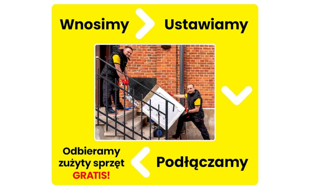 Dwóch mężczyzn wnosi sprzęt AGD po schodach na tle ceglanej ściany. Na żółtym tle widnieje tekst: \'Wnosimy\', \'Ustawiamy\', \'Podłączamy\', \'Odbieramy zużyty sprzęt GRATIS!\'.
