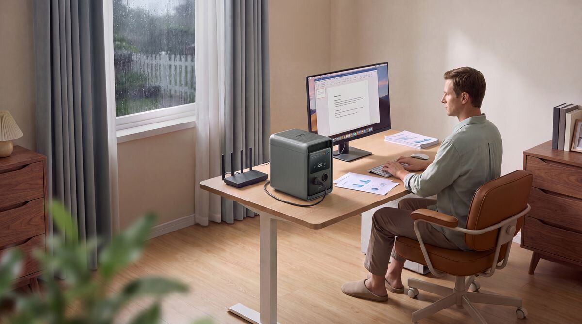 Mężczyzna siedzi przy biurku w domowym biurze, pracując na komputerze. Na biurku znajduje się stacja zasilania oraz router, a za oknem widać deszczową pogodę.
