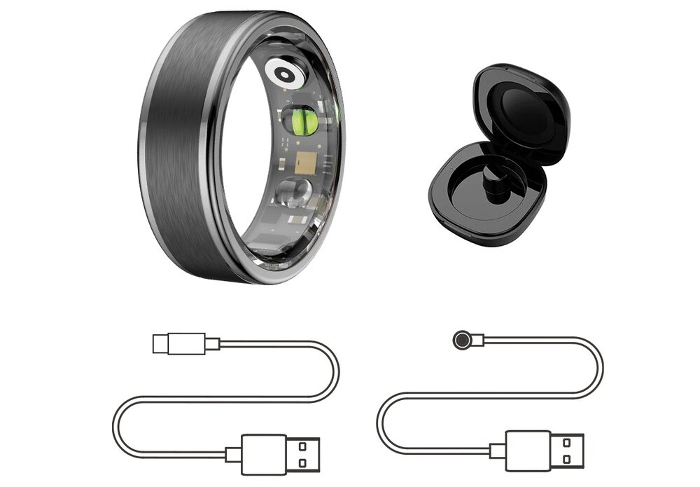 Obraz przedstawia srebrny pierścień z widocznymi elementami elektronicznymi wewnątrz oraz otwarte czarne etui. Poniżej znajdują się dwa schematy kabli USB.
