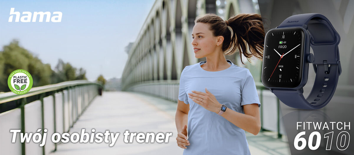 Kobieta biegnie po moście, nosząc niebieski smartwatch. Obok widoczny jest zegarek z wyświetlaczem pokazującym datę i godzinę, a na obrazie znajdują się napisy: \'hama\', \'Twój osobisty trener\', \'FITWATCH 6010\' oraz \'PLASTIC FREE\'.