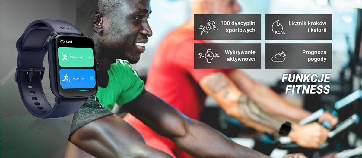 Na pierwszym planie widoczny jest smartwatch z niebieskim paskiem, wyświetlający opcje \'Outdoor run\' i \'Indoor run\'. Obok znajdują się ikony z napisami: \'100 dyscyplin sportowych\', \'Licznik kroków i kalorii\', \'Wykrywanie aktywności\', \'Prognoza pogody\' oraz tekst \'FUNKCJE FITNESS\'.