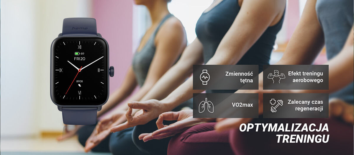 Na obrazie widoczny jest smartwatch z ciemnym paskiem, obok którego znajdują się ikony z napisami: \'Zmienność tętna\', \'Efekt treningu aerobowego\', \'VO2max\', \'Zalecany czas regeneracji\'. W tle widać osoby siedzące w pozycji medytacyjnej, a na dole napis \'OPTYMALIZACJA TRENINGU\'.