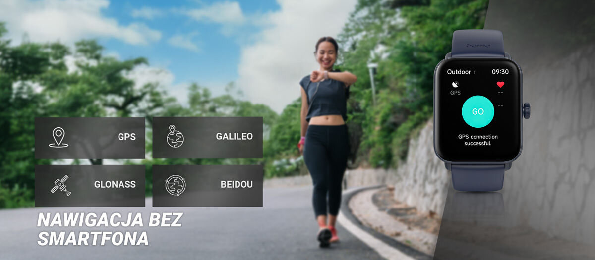 Obraz przedstawia osobę biegnącą po drodze oraz smartwatch z wyświetlaczem pokazującym ekran nawigacji. Po lewej stronie widoczne są ikony z napisami: GPS, GALILEO, GLONASS, BEIDOU oraz tekst \'NAWIGACJA BEZ SMARTFONA\'.