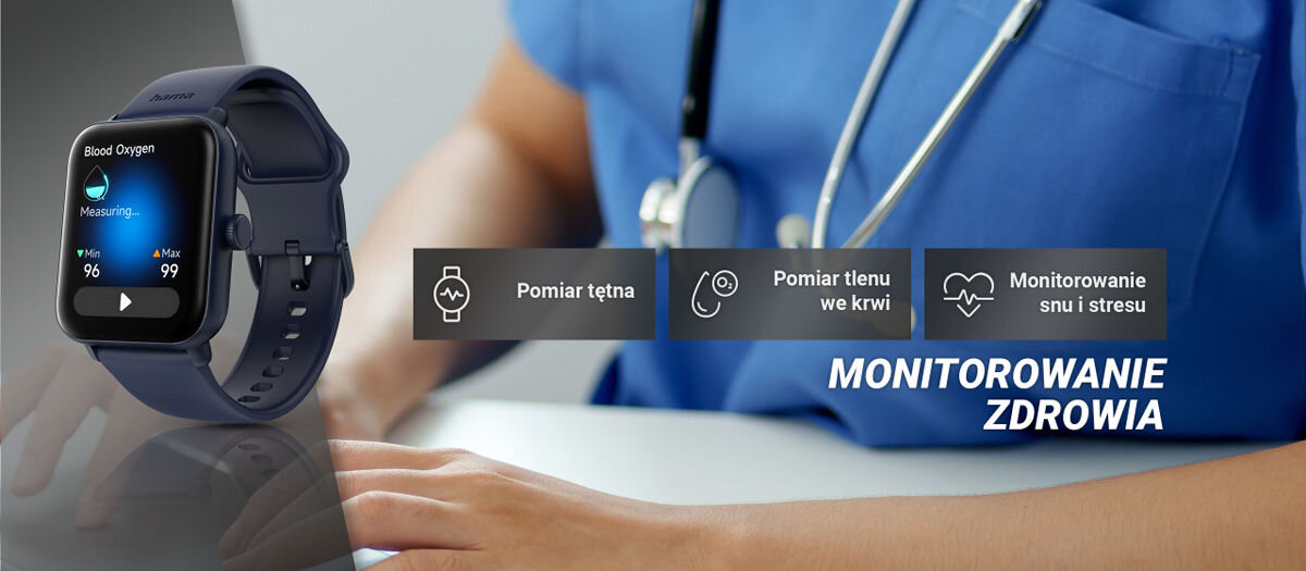 Na obrazie widoczny jest smartwatch z niebieskim paskiem, wyświetlający pomiar tlenu we krwi. Obok znajdują się ikony z napisami: \'Pomiar tętna\', \'Pomiar tlenu we krwi\', \'Monitorowanie snu i stresu\' oraz tekst \'MONITOROWANIE ZDROWIA\'.