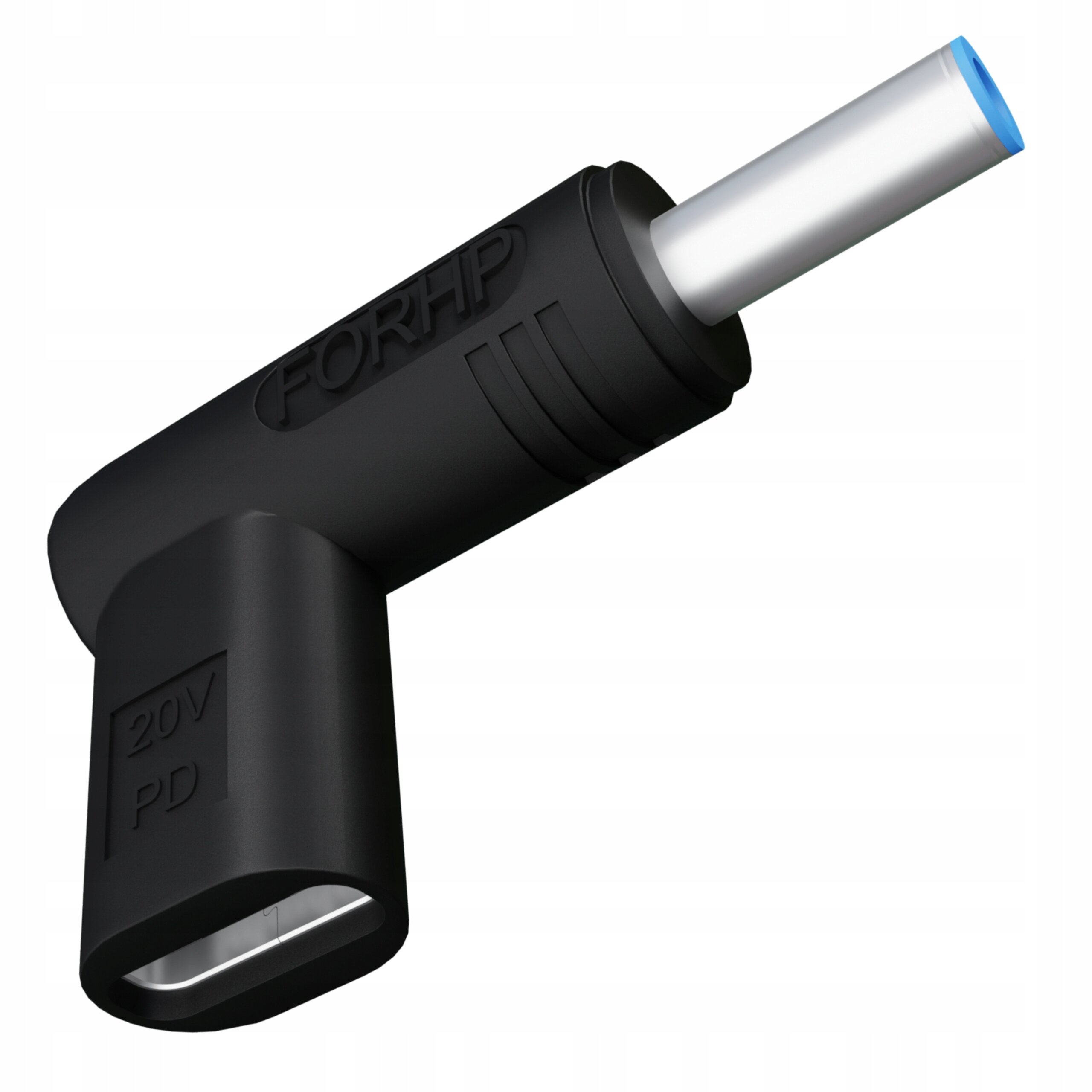 Czarny adapter z napisem \'FORHP\' i oznaczeniem \'20V PD\', z metalowym wtykiem na końcu.
