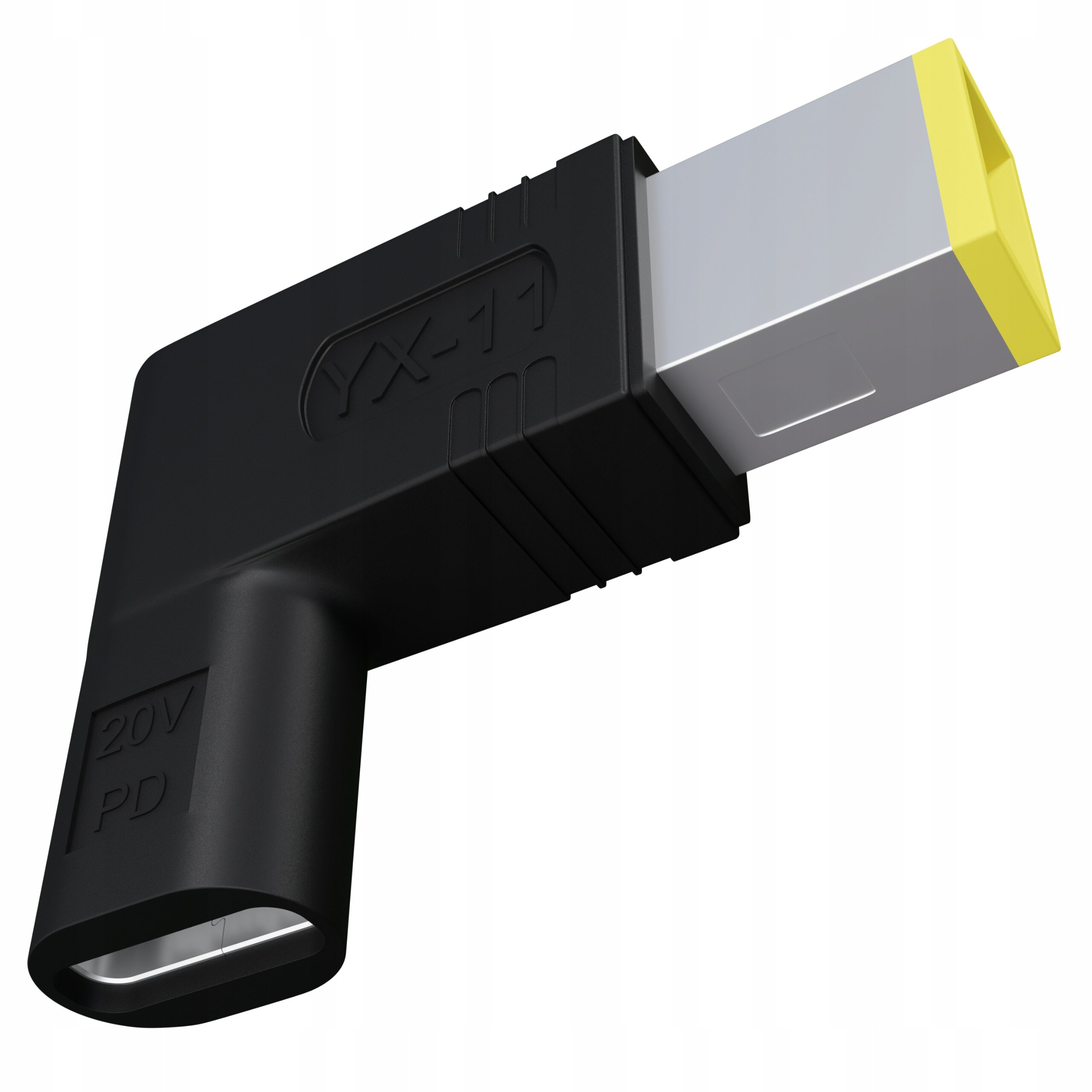 Czarny adapter USB-C z wtykiem DC o wymiarach 11,0x4,5mm, z żółtym zakończeniem. Na adapterze widoczne są napisy \'YX-11\' oraz \'20V PD\'.