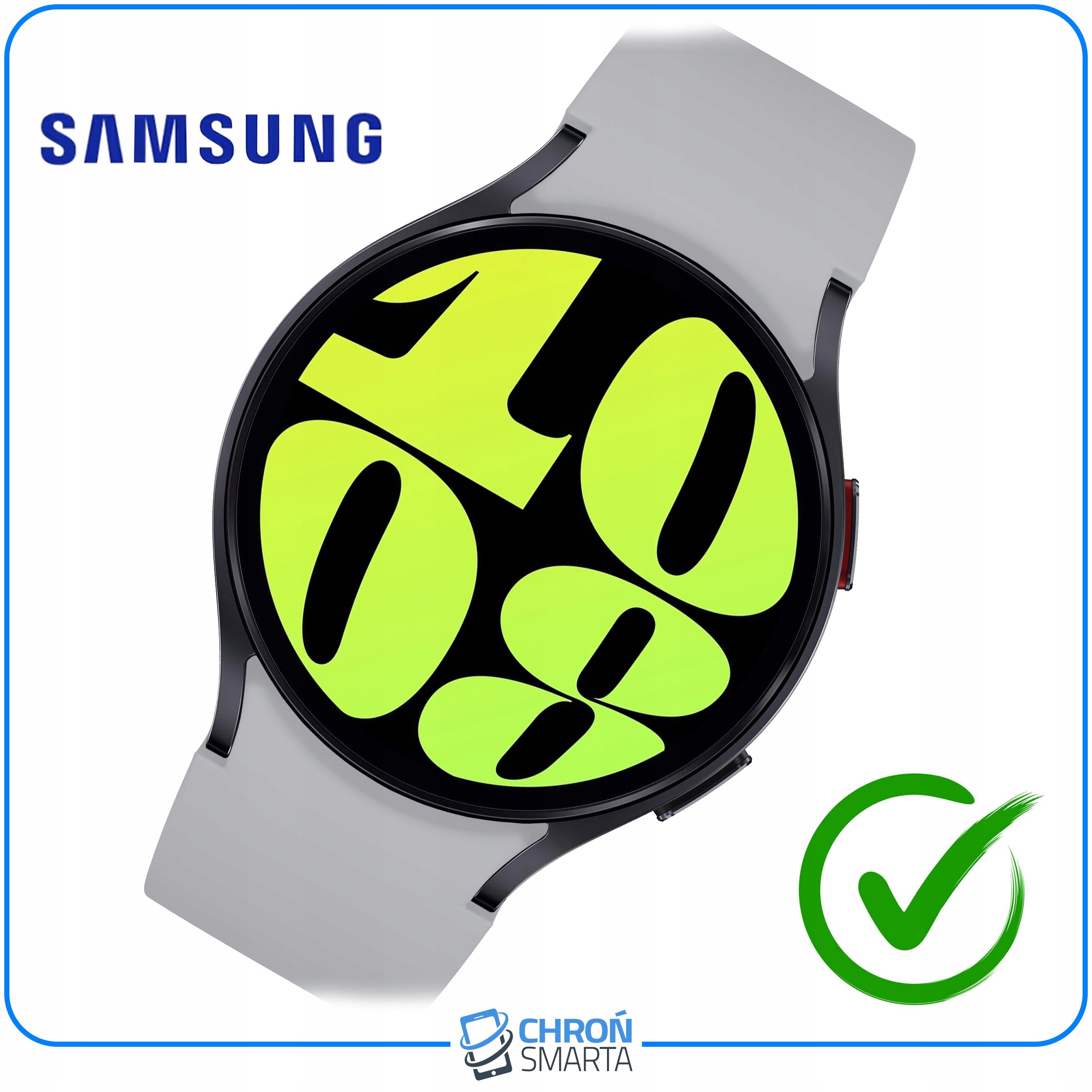 Obraz przedstawia zegarek z jasnym paskiem i dużymi, żółtymi cyframi na tarczy. Widoczne są logotypy \'SAMSUNG\' i \'CHROŃ SMARTA\' oraz zielony symbol zatwierdzenia.