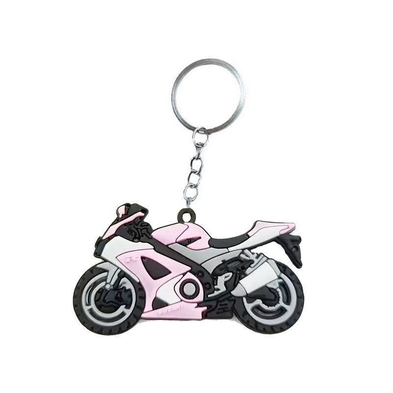 Brelok do kluczy w kształcie różowego motocykla sportowego z metalowym kółkiem i łańcuszkiem.