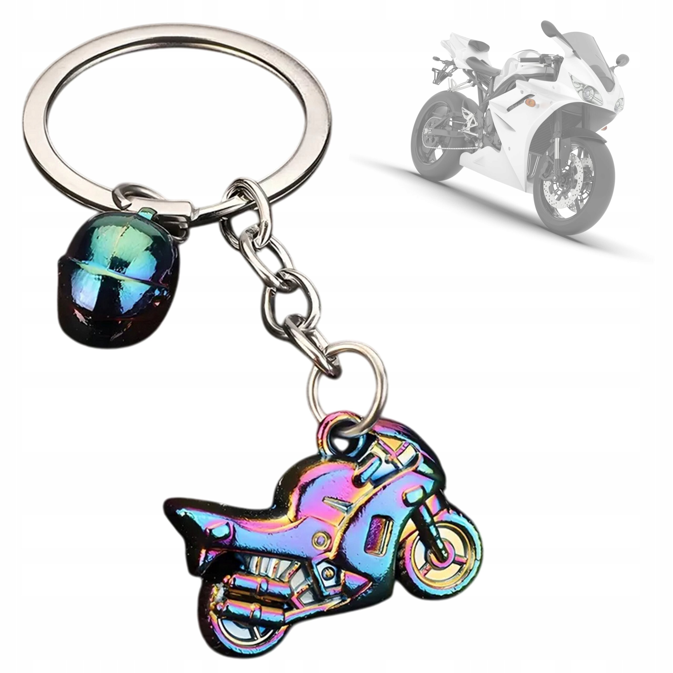 Brelok do kluczy w kształcie motocykla i kasku, wykonany z metalu o neochromowym wykończeniu. W tle widoczny jest biały motocykl sportowy.