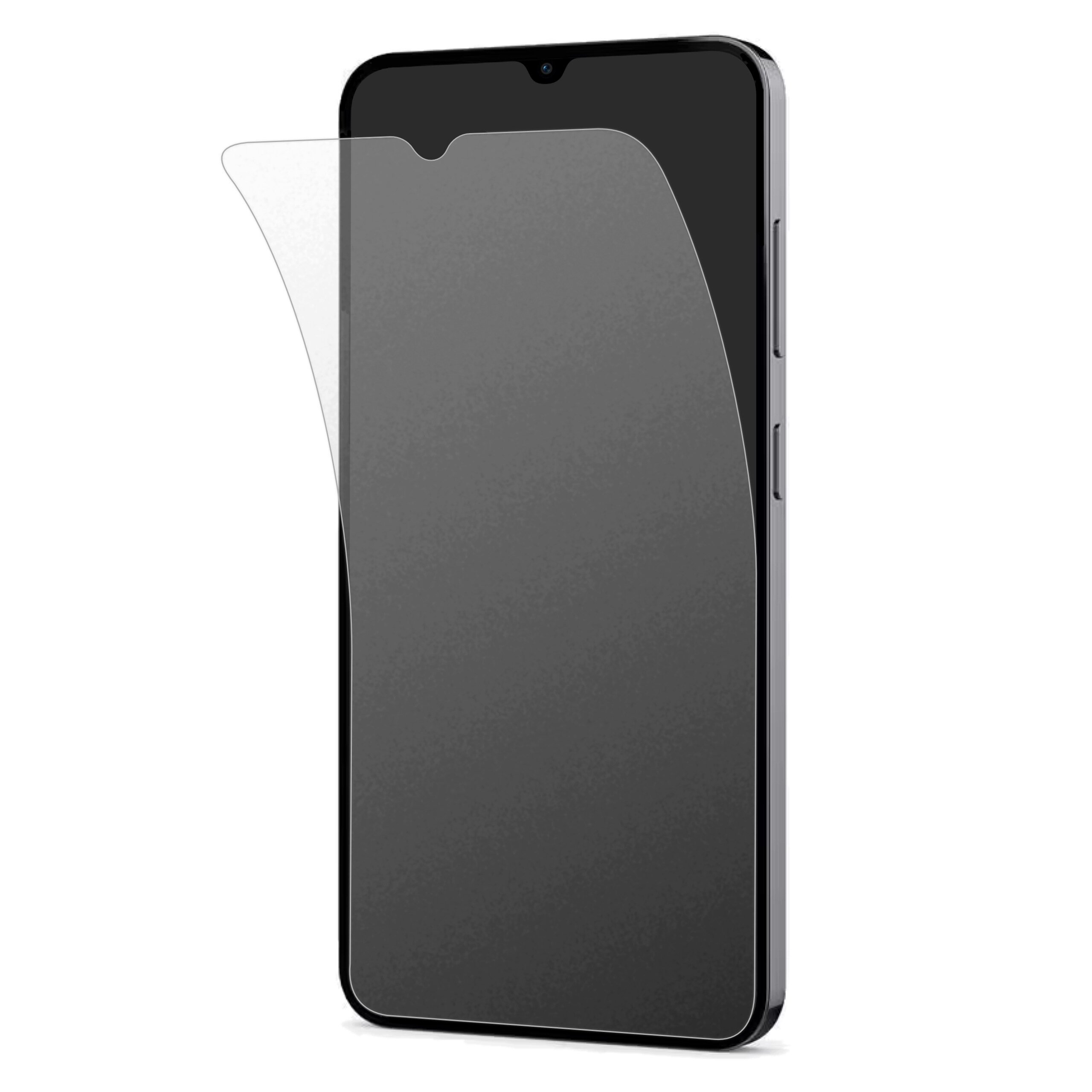 Na obrazie widać smartfon z nałożoną przezroczystą folią ochronną na ekranie. Folia jest lekko uniesiona z jednej strony, ukazując jej matową powierzchnię.