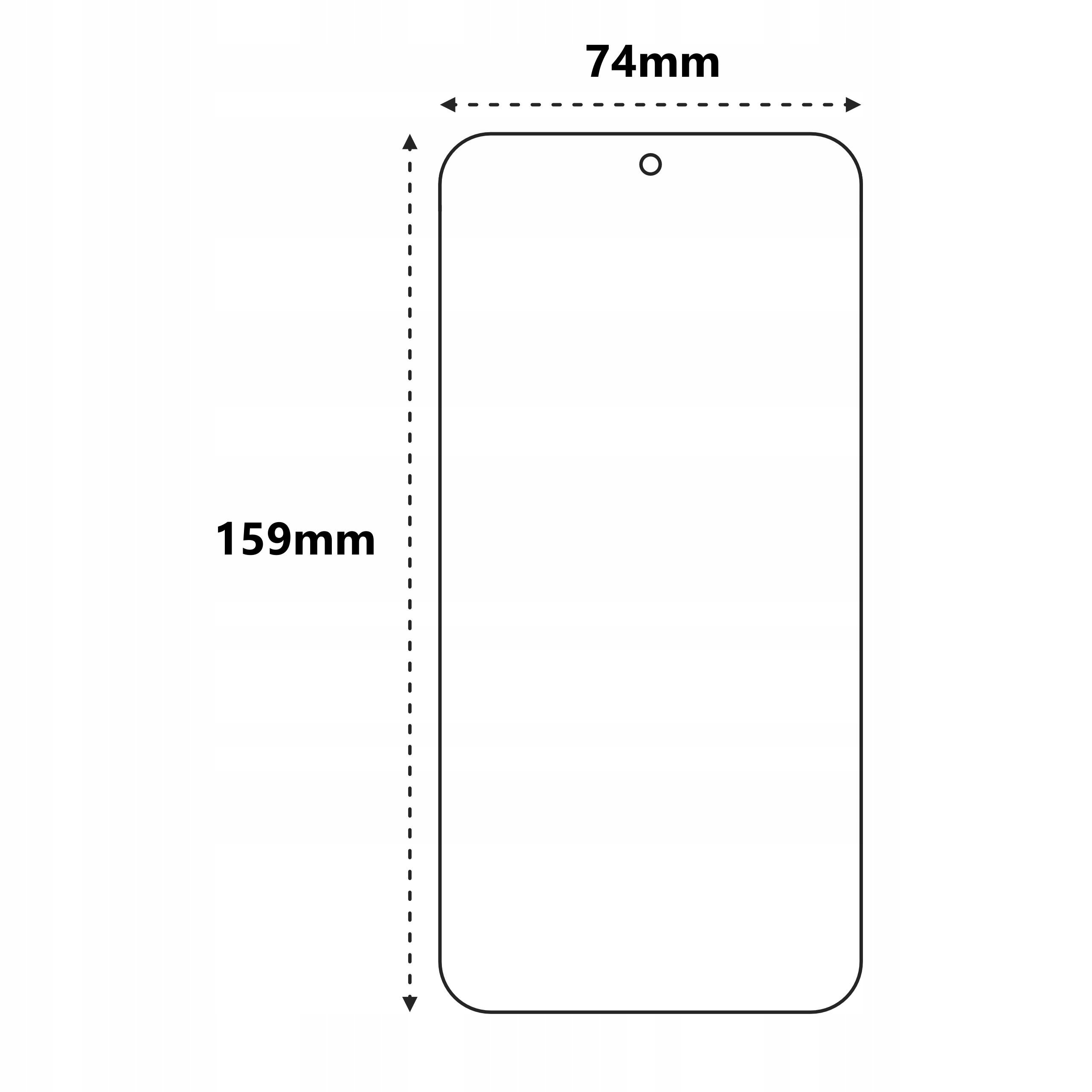 Schematyczny rysunek prostokątnego kształtu z zaokrąglonymi rogami, oznaczony wymiarami 69mm szerokości i 147mm wysokości. Na górze znajduje się wycięcie w kształcie kapsuły.