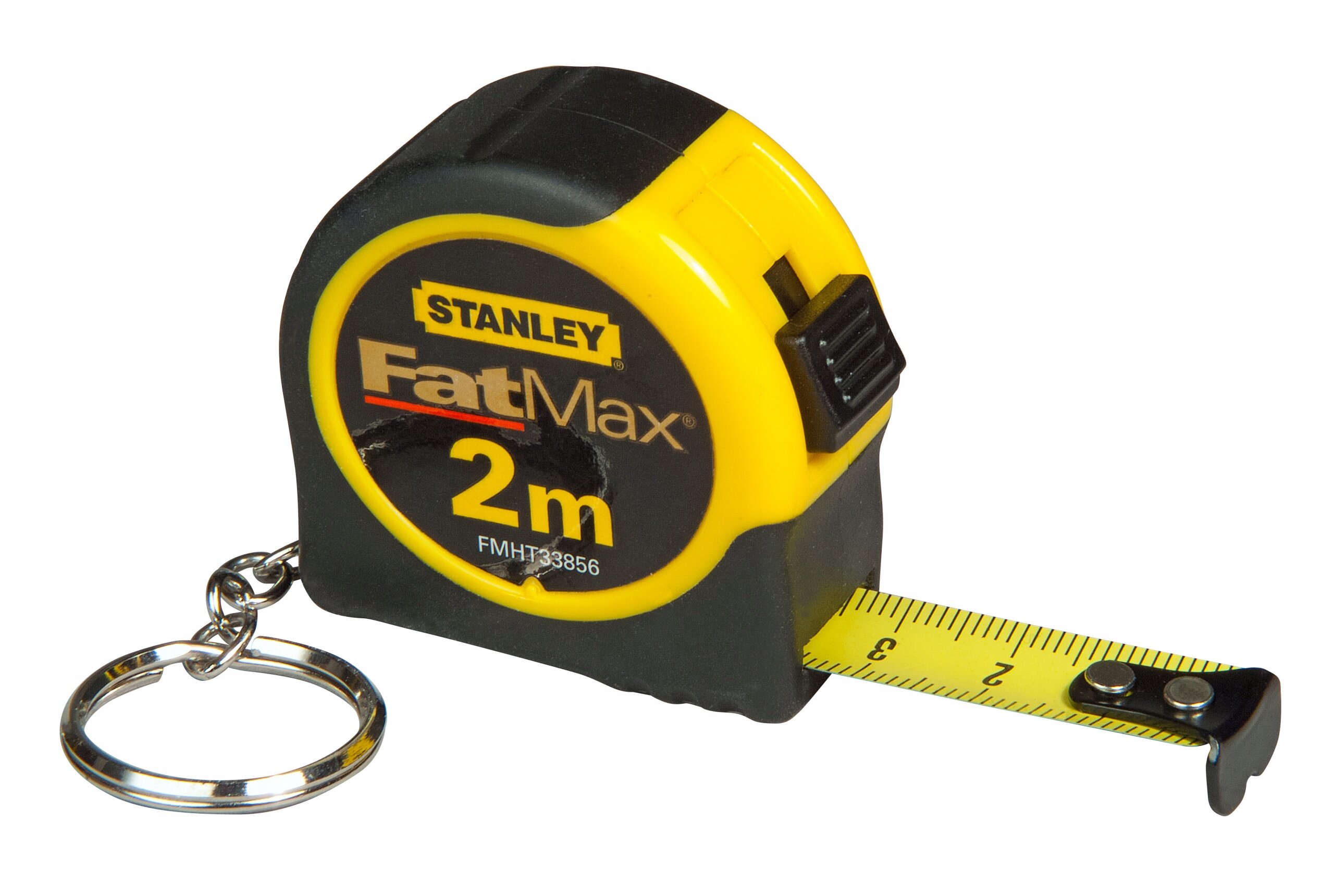 Miara zwijana Stanley FatMax o długości 2m z brelokiem do kluczy. Obudowa jest czarno-żółta z widocznym logo Stanley i napisem \'FatMax 2m\'.