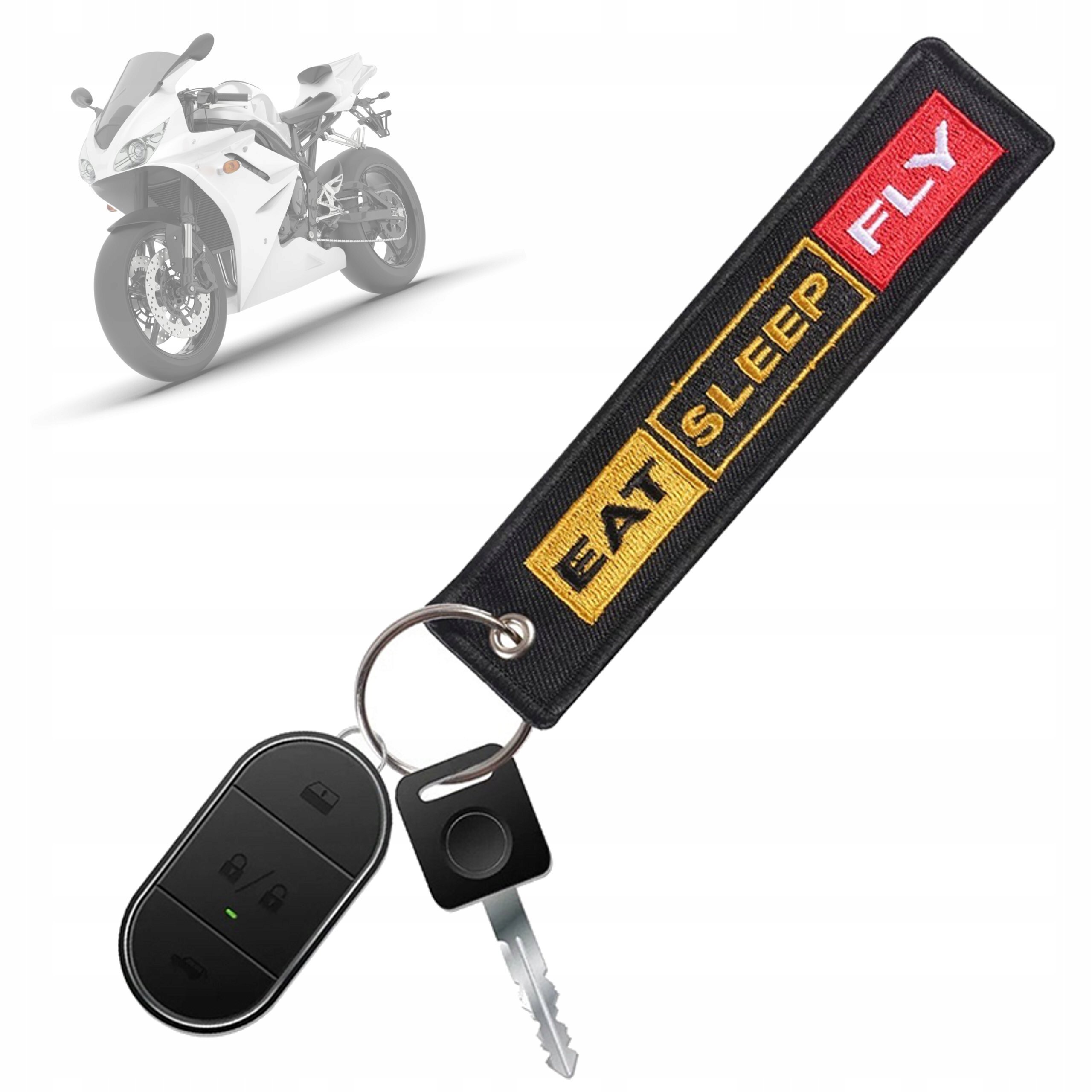 Na obrazie widoczny jest brelok do kluczy z napisem \'EAT SLEEP FLY\' oraz kluczyk z pilotem. W tle znajduje się zarys motocykla.