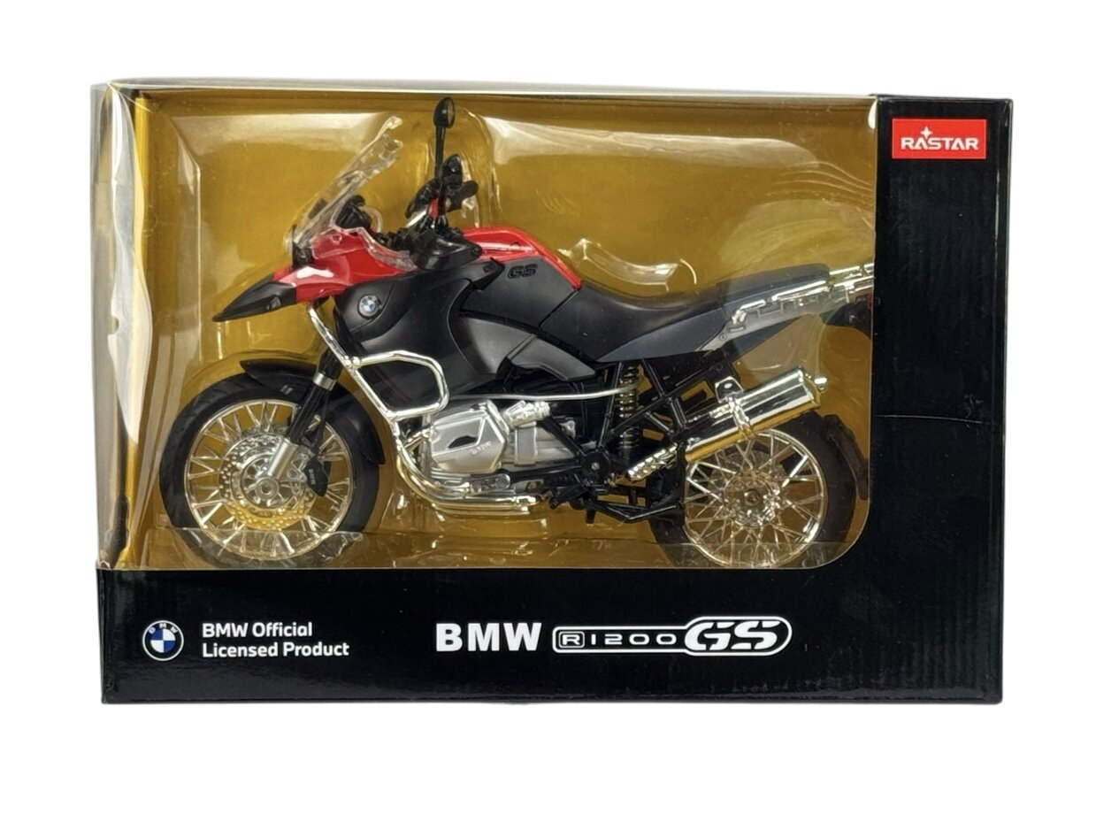 Model motocykla w skali 1:9 w kolorze czerwonym i czarnym, zapakowany w pudełko z przezroczystym frontem. Na opakowaniu widnieje tekst: \'BMW Official Licensed Product\' oraz \'BMW R1200GS\'.