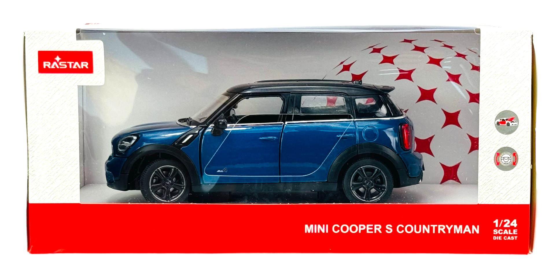 Model samochodu Mini Cooper S Countryman w kolorze niebieskim w skali 1:24 znajduje się w opakowaniu z logo RASTAR. Na opakowaniu widnieje napis \'MINI COOPER S COUNTRYMAN 1/24 SCALE DIE CAST\'.