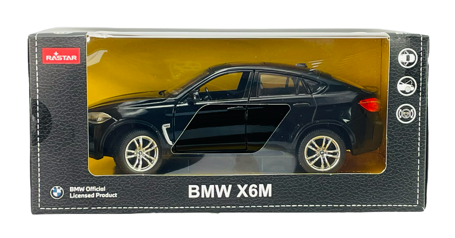 Czarny model samochodu BMW X6M w skali 1:24 znajduje się w pudełku z przezroczystym frontem. Na opakowaniu widoczne są logotypy Rastar i BMW Official Licensed Product oraz napis \'BMW X6M\'.