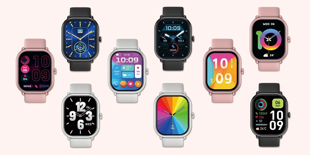 Obraz przedstawia dziewięć smartwatchy z różnymi tarczami i kolorami pasków, w tym różowe, czarne i białe. Na tarczach widoczne są różne wzory i informacje, takie jak godzina, data i kroki.