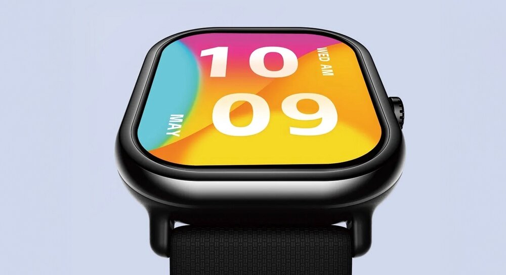 Smartwatch z kolorowym wyświetlaczem pokazującym godzinę 10:09 oraz datę \'MAY\' i \'WED AM\'. Urządzenie ma czarną obudowę i pasek.