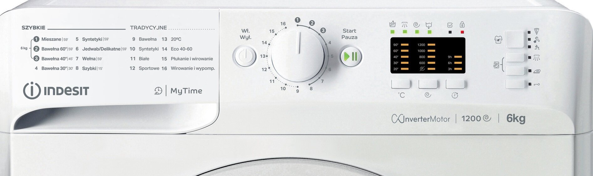 Panel sterowania pralki z pokrętłem wyboru programów, przyciskiem Start/Pauza oraz wyświetlaczem LED. Widoczne logo \'INDESIT\', oznaczenie \'Inverter Motor\', \'1200 obr\', \'6kg\' i lista programów prania.
