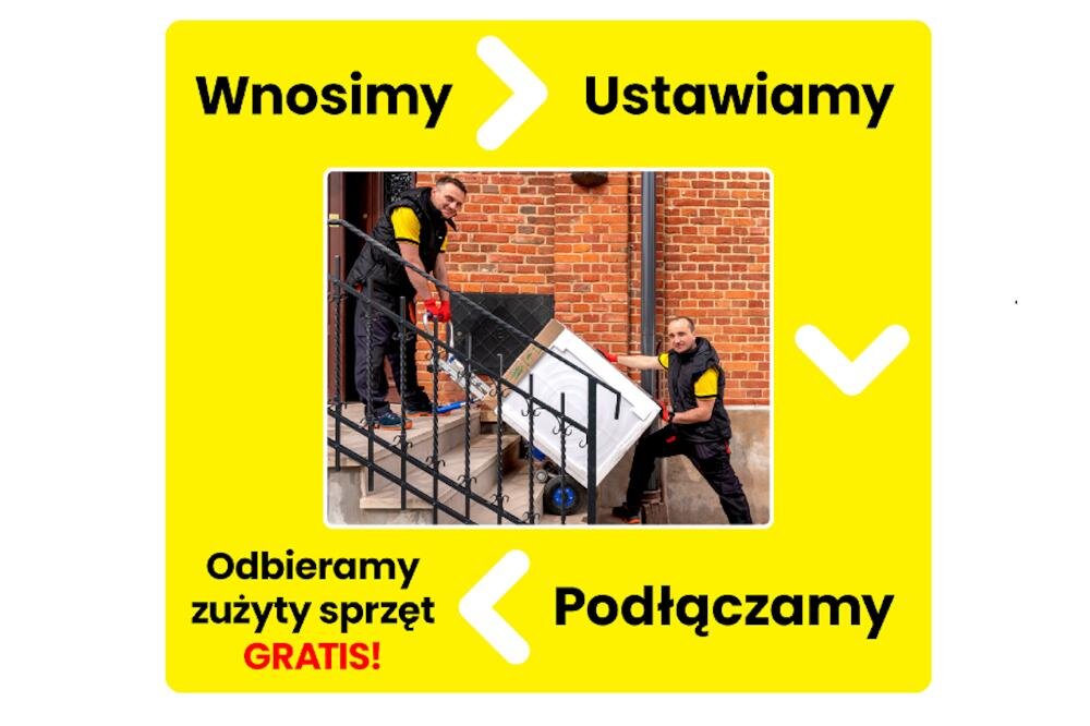 Na żółtym tle znajduje się zdjęcie dwóch osób wnoszących pralkę po schodach. Wokół zdjęcia widnieją napisy: \'Wnosimy\', \'Ustawiamy\', \'Podłączamy\', \'Odbieramy zużyty sprzęt GRATIS!\'.
