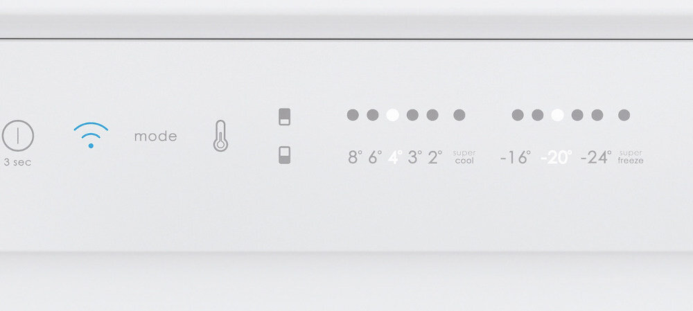 Panel sterowania z ikonami: przycisk z symbolem Wi-Fi, napis \'mode\', ikona termometru oraz wskaźniki temperatury z wartościami od 8° do -24° z oznaczeniami \'super cool\' i \'super freeze\'.