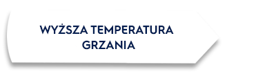 Biały prostokąt z tekstem \'WYŻSZA TEMPERATURA GRZANIA\' w kolorze niebieskim.