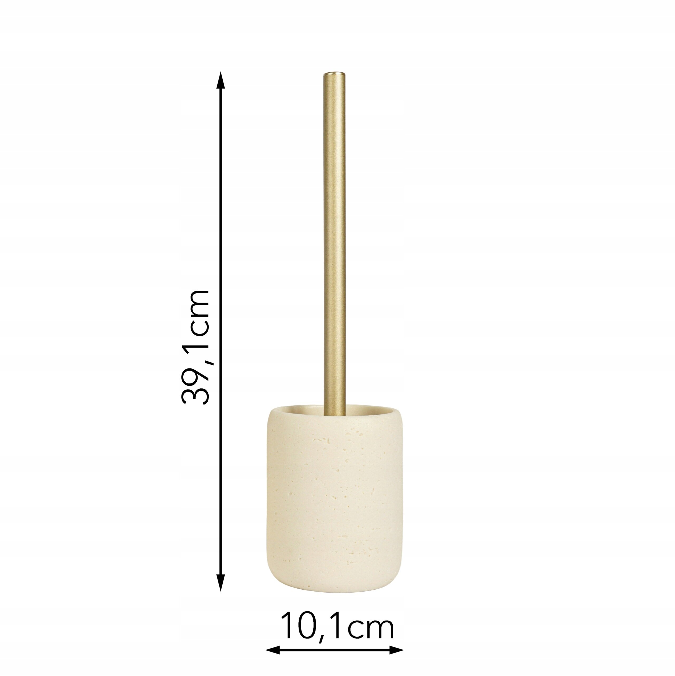 Beżowa szczotka do WC z teksturą kamienia i złotą rączką, o wysokości 39,1 cm i średnicy 10,1 cm.