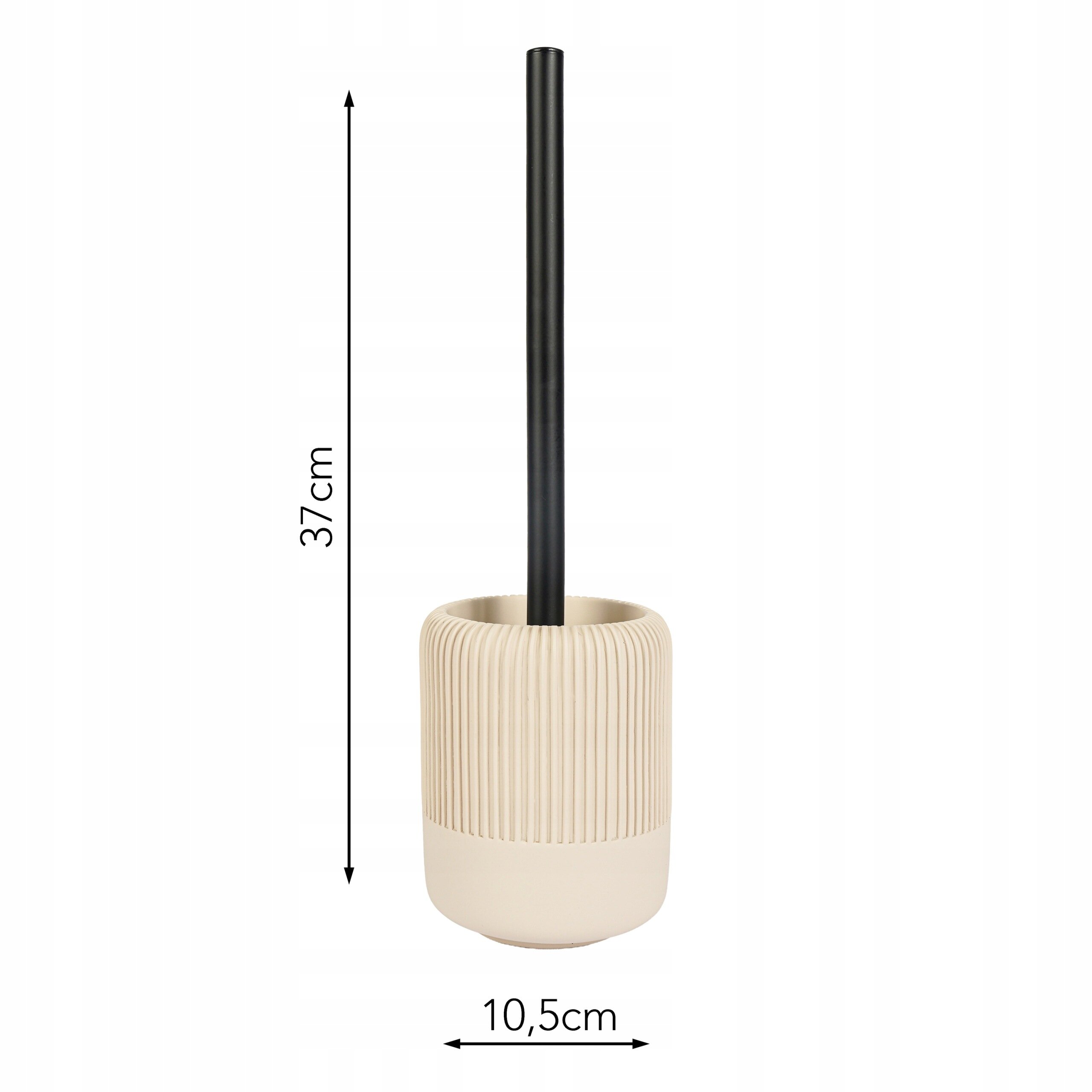 Beżowa szczotka do WC z żłobieniami i czarną rączką, o wysokości 37 cm i średnicy 10,5 cm.