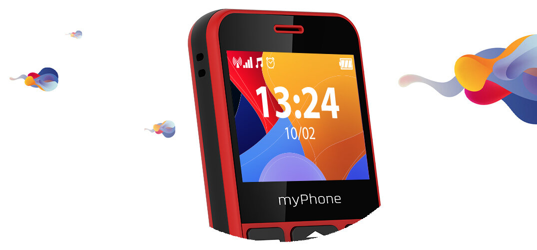 Telefon z czerwonymi bokami i czarnym frontem, na ekranie widoczny jest czas 13:24 oraz data 10/02. Na dole obudowy znajduje się logo \'myPhone\'.