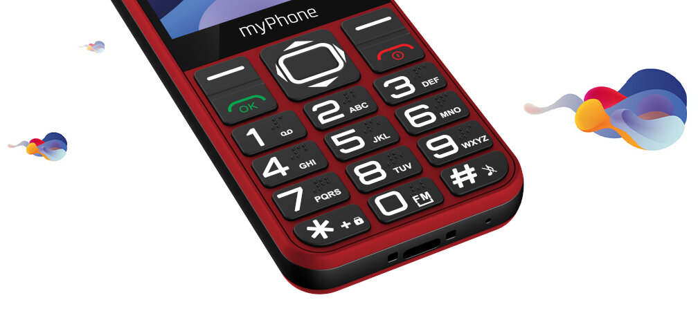 Czerwony telefon z dużymi przyciskami, na których widoczne są cyfry i litery. Na górze obudowy znajduje się napis \'myPhone\'.