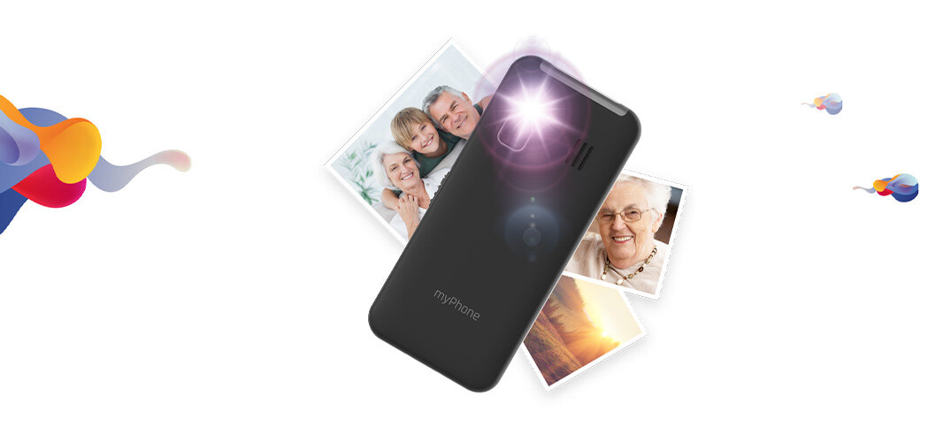 Na obrazie widoczny jest telefon z napisem \'myphone\', z błyskiem światła na górze. W tle znajdują się zdjęcia przedstawiające ludzi i krajobraz.