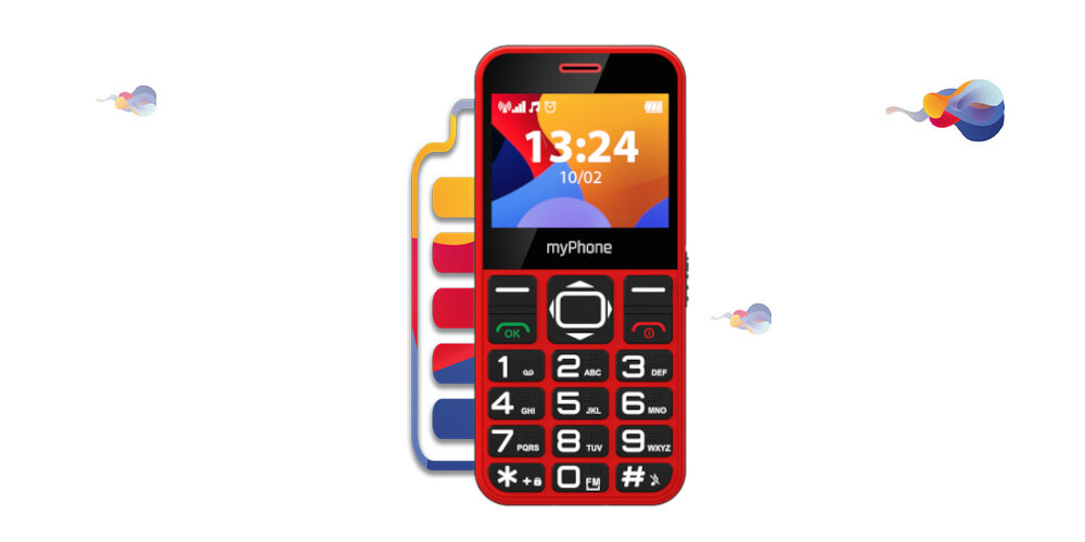 Czerwony telefon z dużymi przyciskami i wyświetlaczem pokazującym godzinę 13:24 oraz datę 10/02. Na ekranie widoczny jest napis \'myPhone\'.