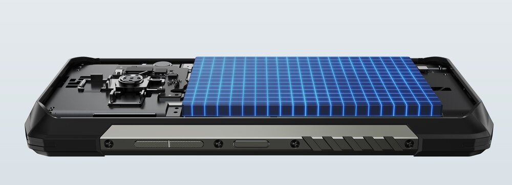 Obraz przedstawia przekrój boczny smartfona z widocznymi elementami wewnętrznymi oraz niebieską siatką graficzną na ekranie. Obudowa jest czarna z metalicznymi elementami i widocznymi przyciskami bocznymi.
