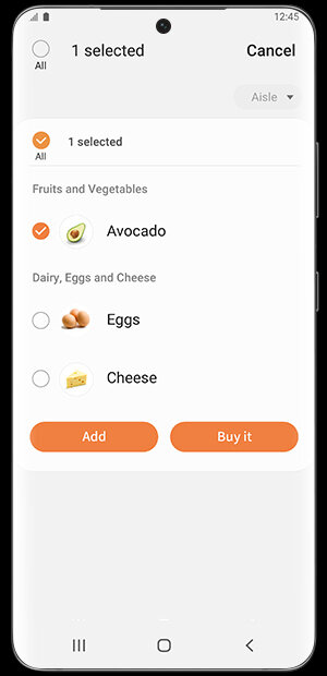 Ekran aplikacji zakupowej z listą produktów: Avocado, Eggs, Cheese. Przyciski \'Add\' i \'Buy it\' są widoczne na dole ekranu.