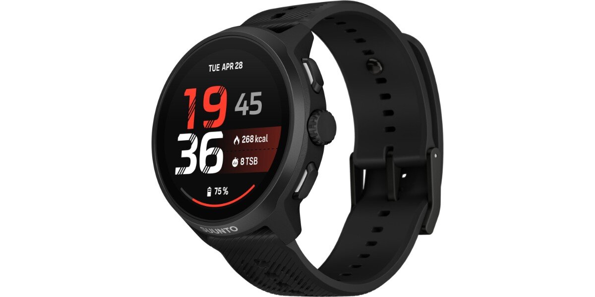 Smartwatch SUUNTO Run 2 Czarny na białym tle - na ekranie zegarka widoczna jest godzina, data oraz spalone kalorie.