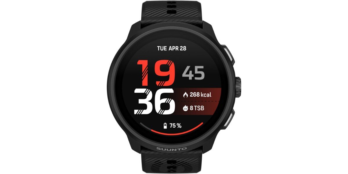 Smartwatch SUUNTO Run 2 Czarny na białym tle - na ekranie urządzenia widoczna jest data, godzina oraz spalone kalorie.