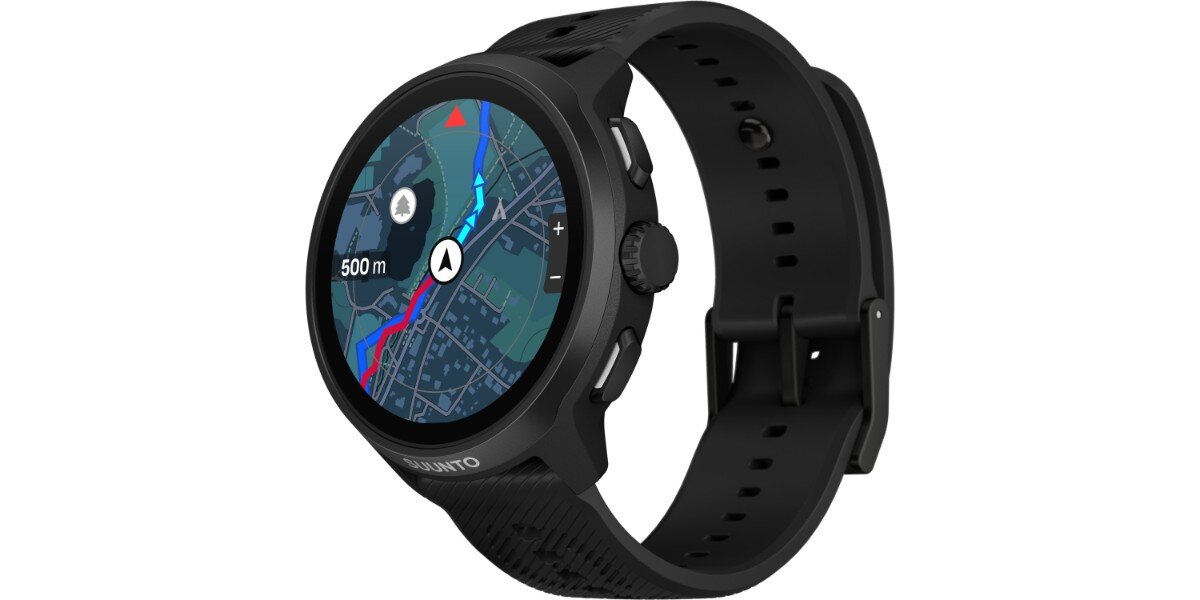 Smartwatch SUUNTO Run 2 Czarny na białym tle - na ekranie zegarka widoczna jest odpalona aplikacja mapy.