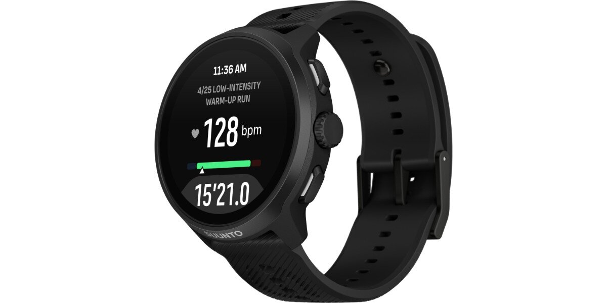 Smartwatch SUUNTO Run 2 Czarny na białym tle - na ekranie urządzenia widoczny jest pomiar tętna.