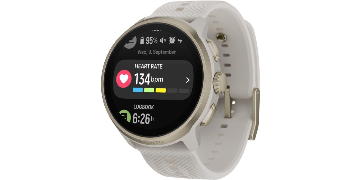 Smartwatch SUUNTO Run 2 Złoty na białym tle - na ekranie zegarka widoczny jest pomiar tętna.