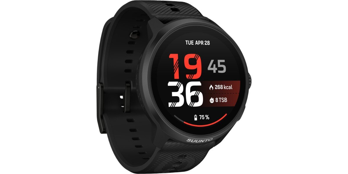 Smartwatch SUUNTO Run 2 Czarny na białym tle - na ekranie zegarka widoczna jest data, spalone kalorie, godzina oraz stan naładowania baterii.