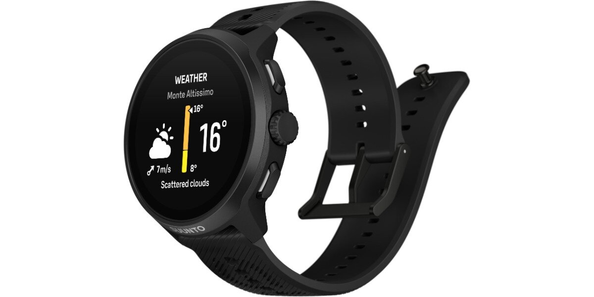 Smartwatch SUUNTO Run 2 Czarny na białym tle - na ekranie smartwatcha widoczna jest prognoza pogody.