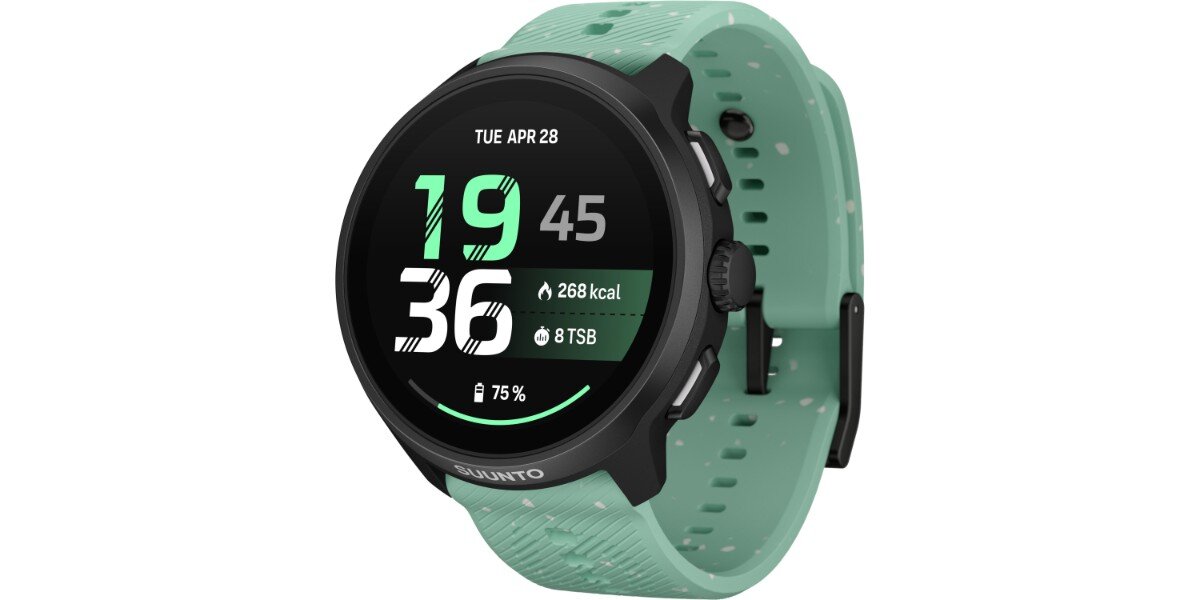 Smartwatch SUUNTO Run 2 Zielony na białym tle - na ekranie zegarka widoczna jest godzina, data oraz spalone kalorie.