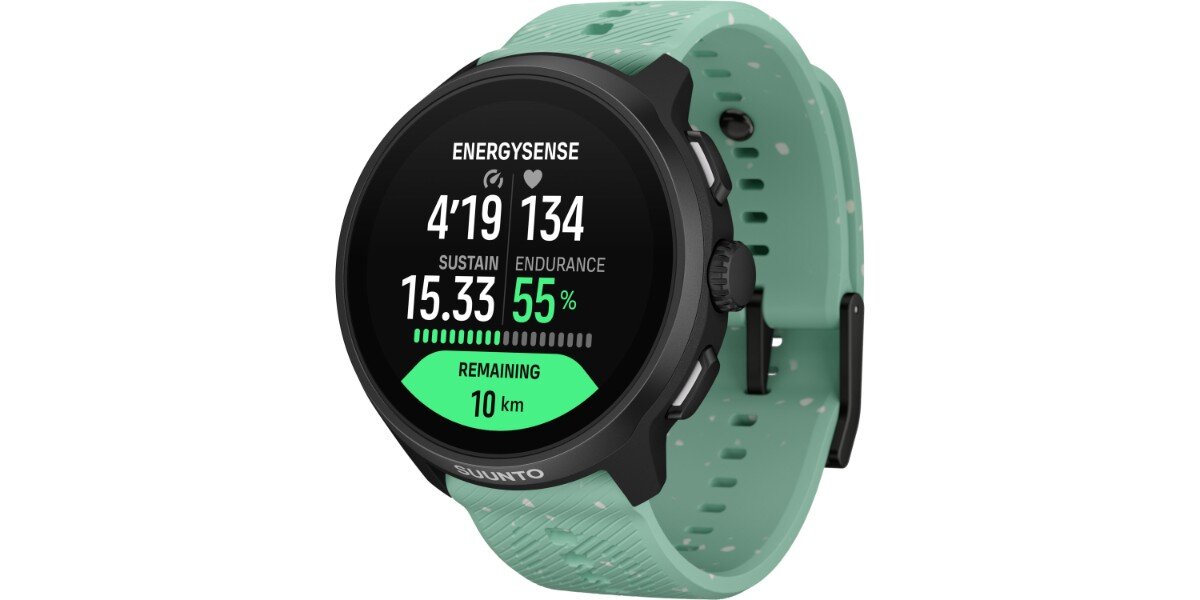 Smartwatch SUUNTO Run 2 Zielony na białym tle - na ekranie urządzenia widoczny jest pomiar tętna.