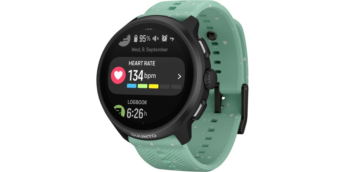 Smartwatch SUUNTO Run 2 Zielony na białym tle - na ekranie zegarka widoczny jest pomiar tętna.