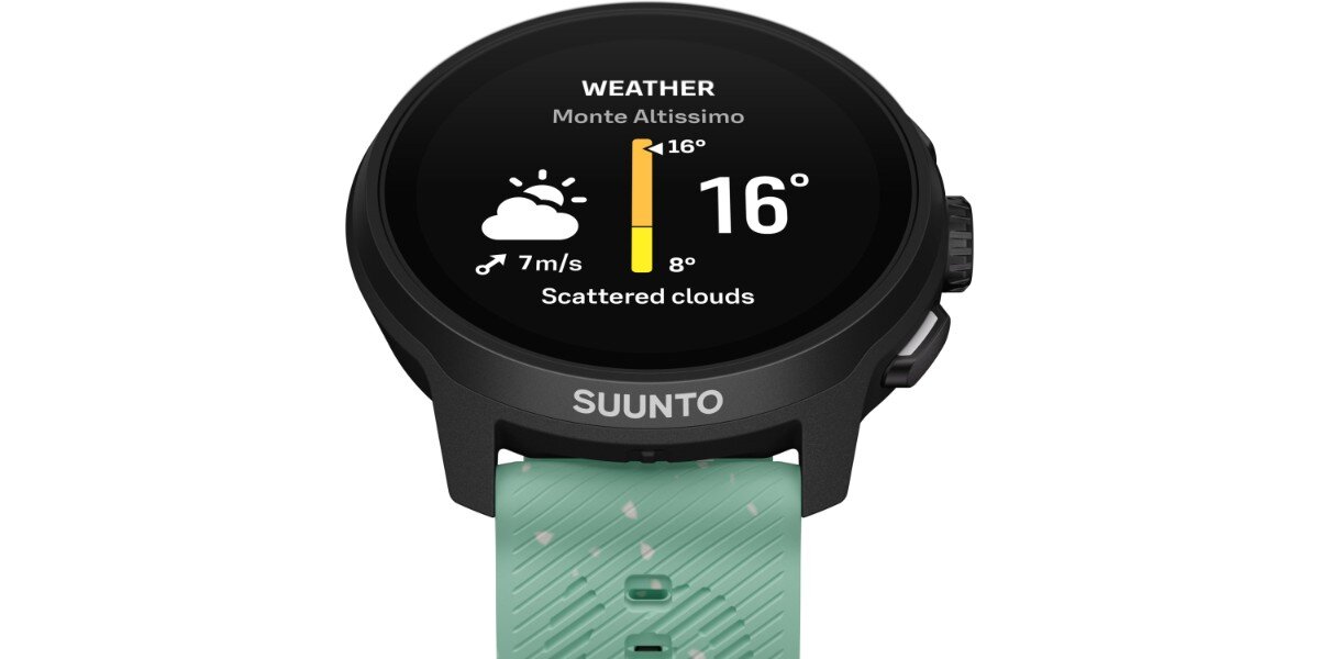 Smartwatch SUUNTO Run 2 Zielony na białym tle - na ekranie smartwatcha widoczna jest prognoza pogody.