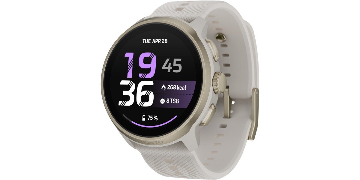 Smartwatch SUUNTO Run 2 Złoty na białym tle - na ekranie zegarka widoczna jest godzina, data oraz spalone kalorie.