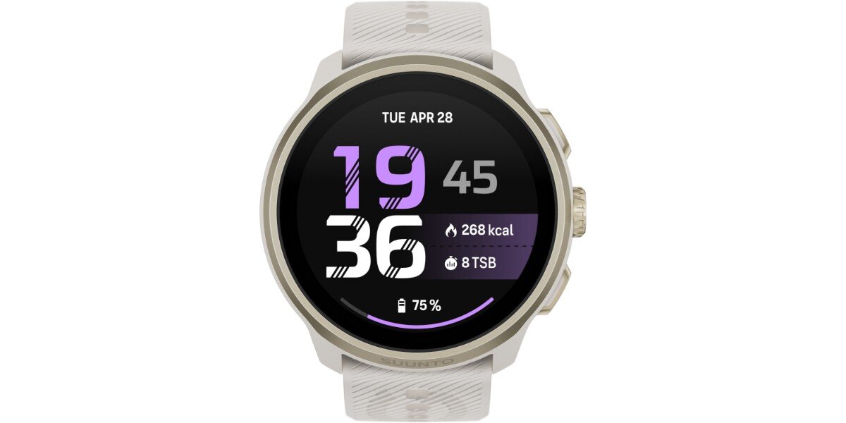 Smartwatch SUUNTO Run 2 Złoty na białym tle - na ekranie urządzenia widoczna jest data, godzina oraz spalone kalorie.